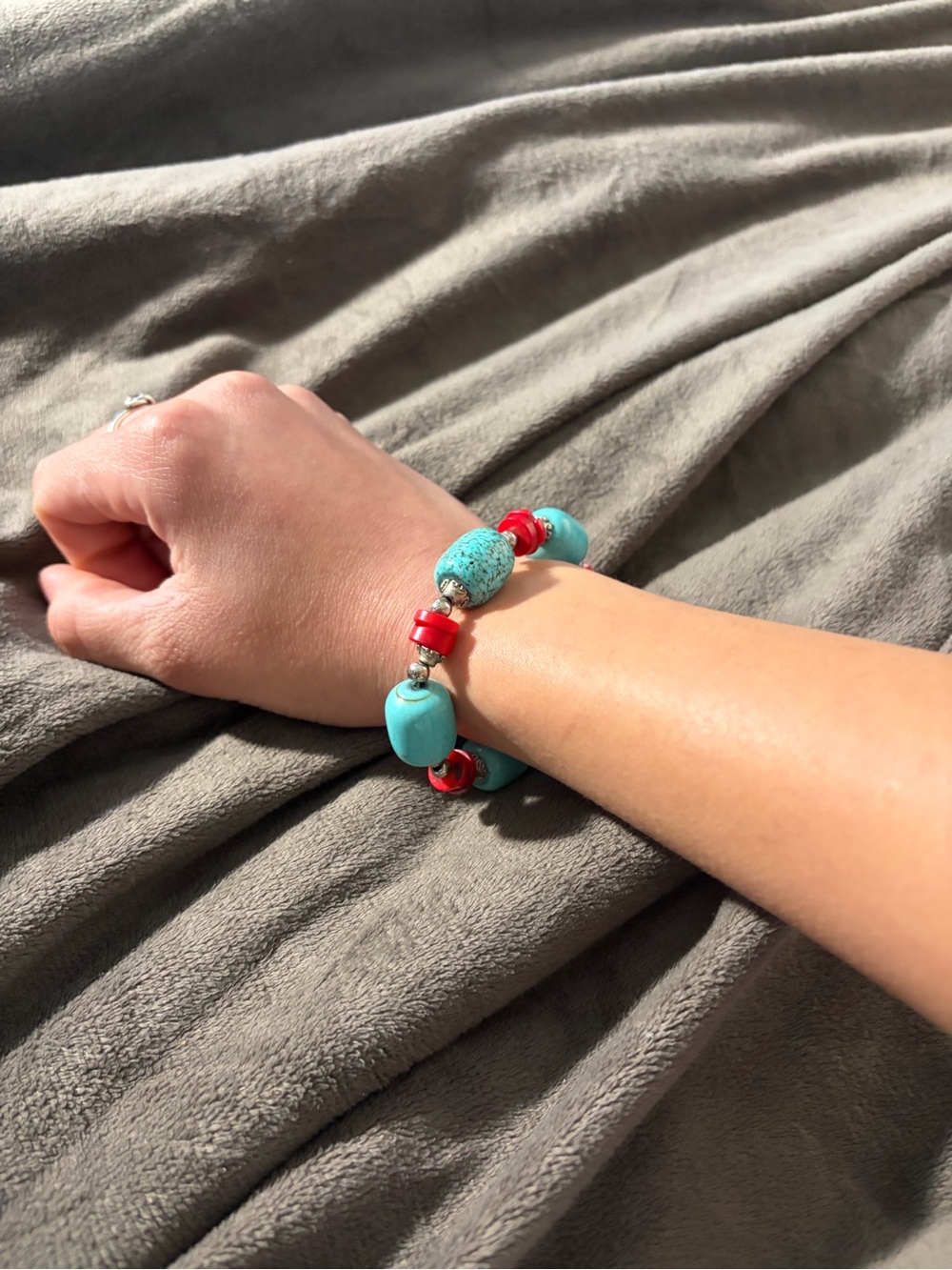 Turquoise and Red Beaded Stretch Bracelet for Women